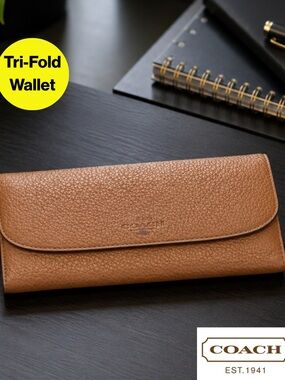 COACH 🤎 Pebbled Leather Continental Tri-Fold Tan Brown Wallet (4x 7.5” inches)